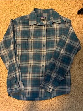 Patagonia Teal and Light Blue Plaid Button-Down Shirt